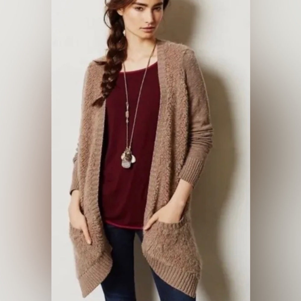 Sleeping On Snow Anthropologie Open Front Taupe Cardigan Fuzzy Boucle Sweater L